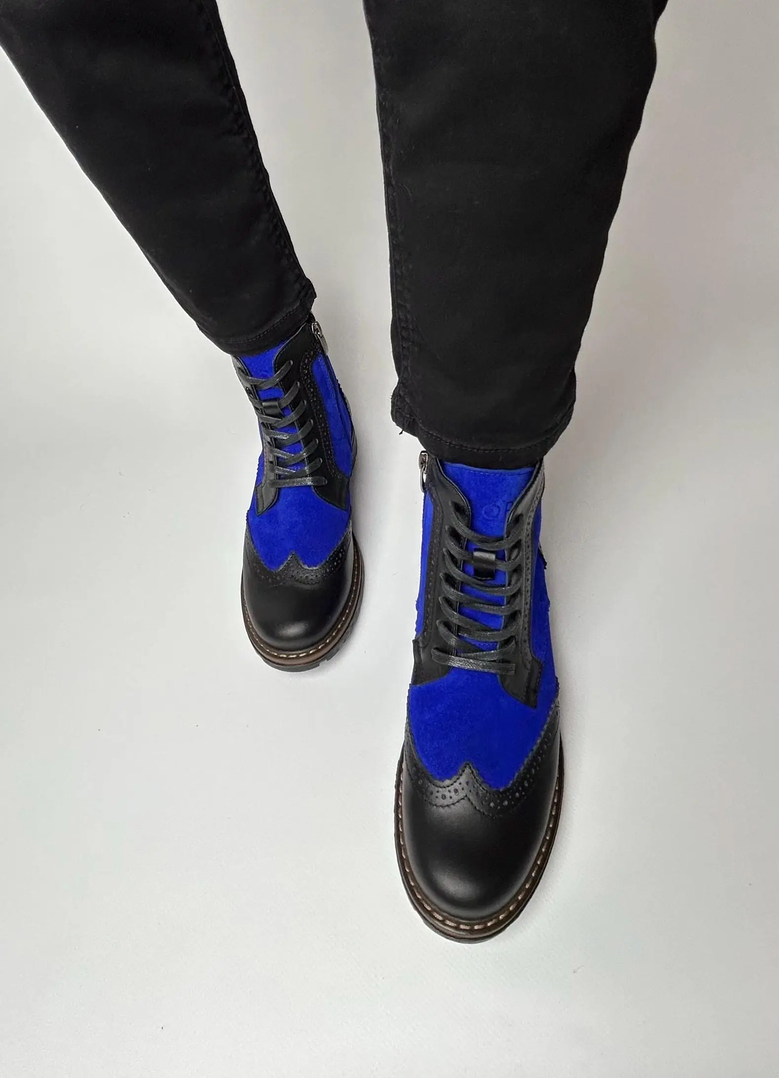 Black Leather & Cobalt Suede Brogue Boots