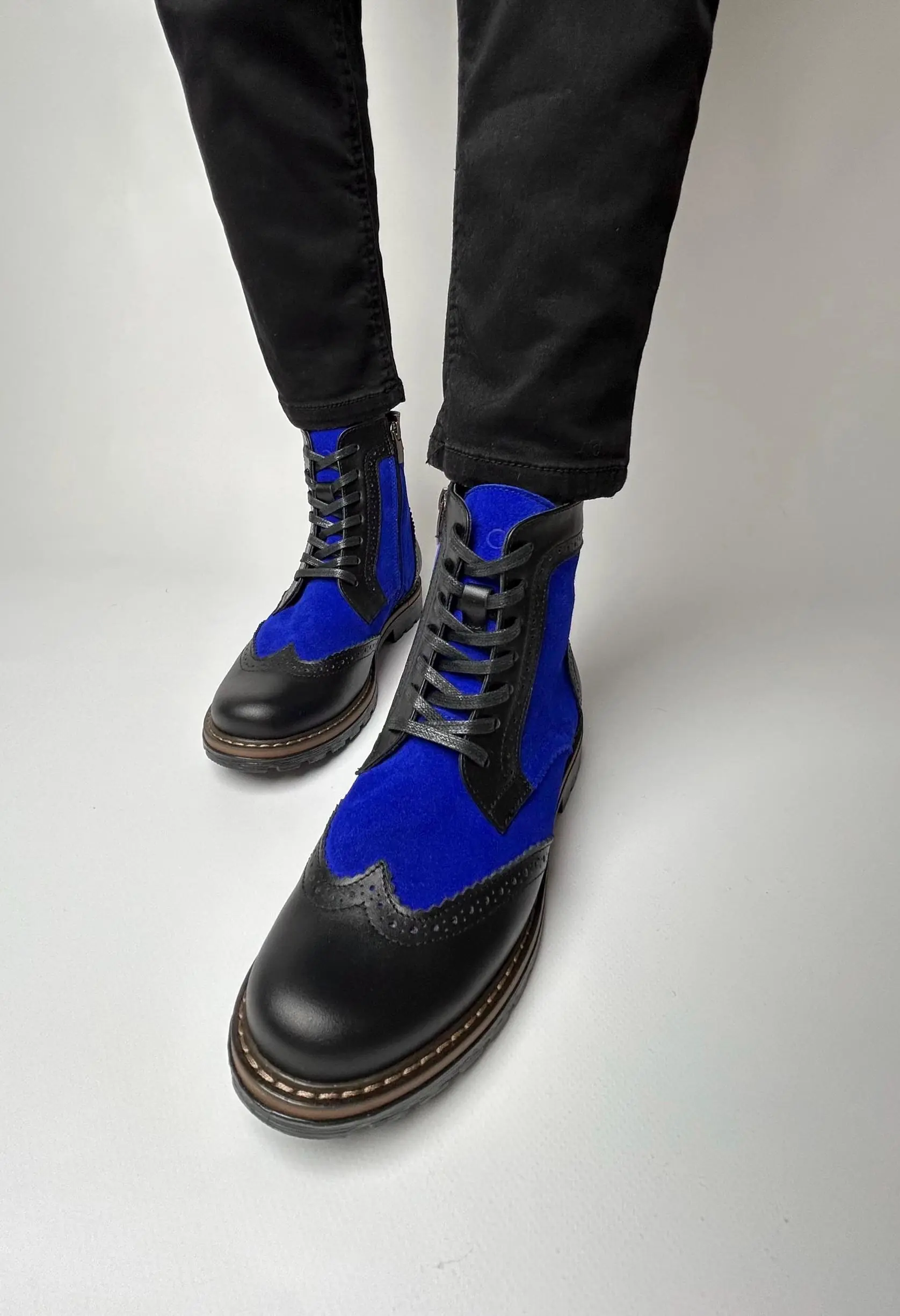Black Leather & Cobalt Suede Brogue Boots
