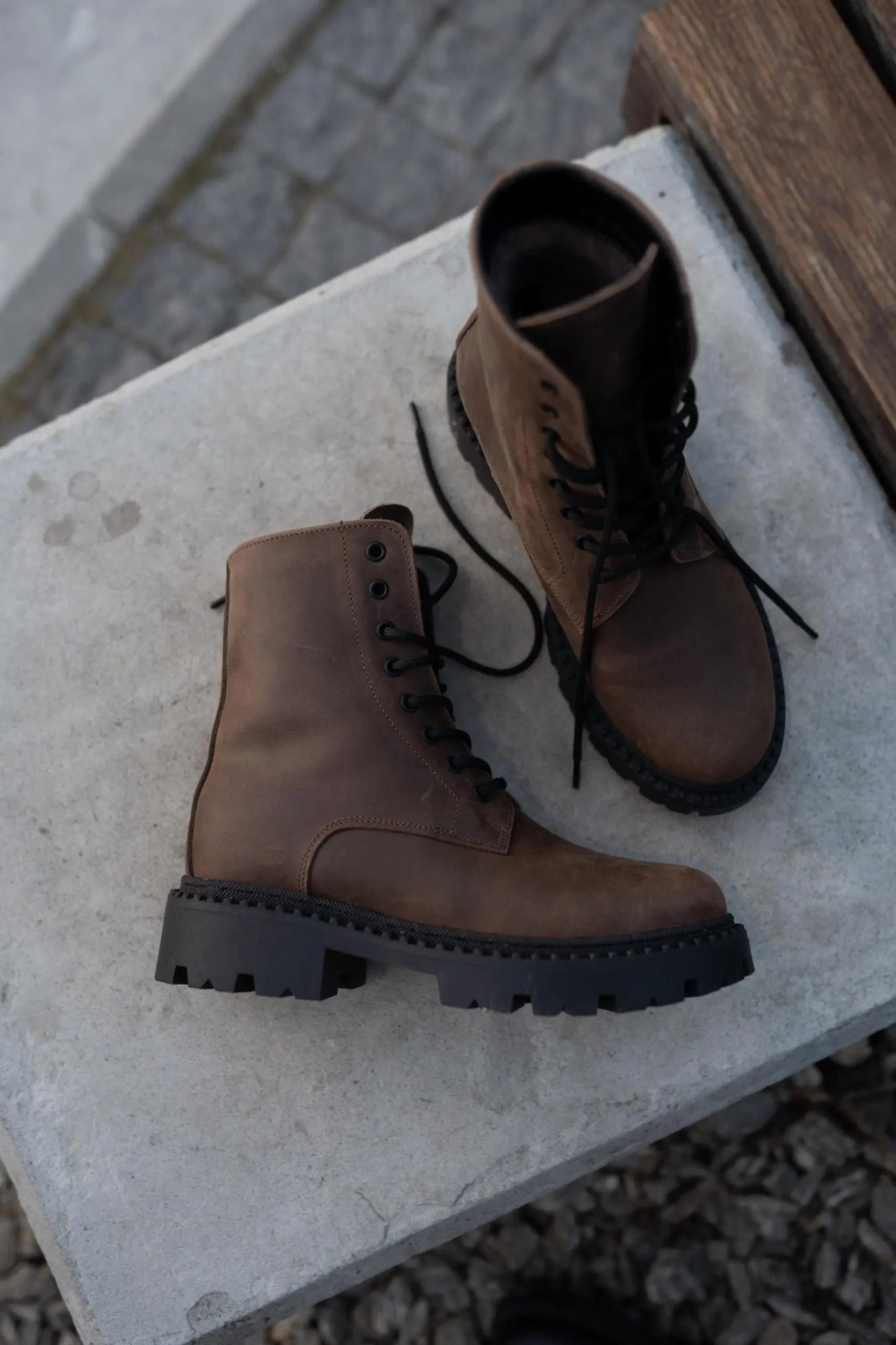 Handmade Brown Leather Boots Vintage Lace Up Fur